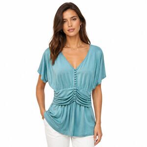 Soft Surroundings Tunic Blouse Womens Small Blue V Neck Short Dolman Sleeve Top